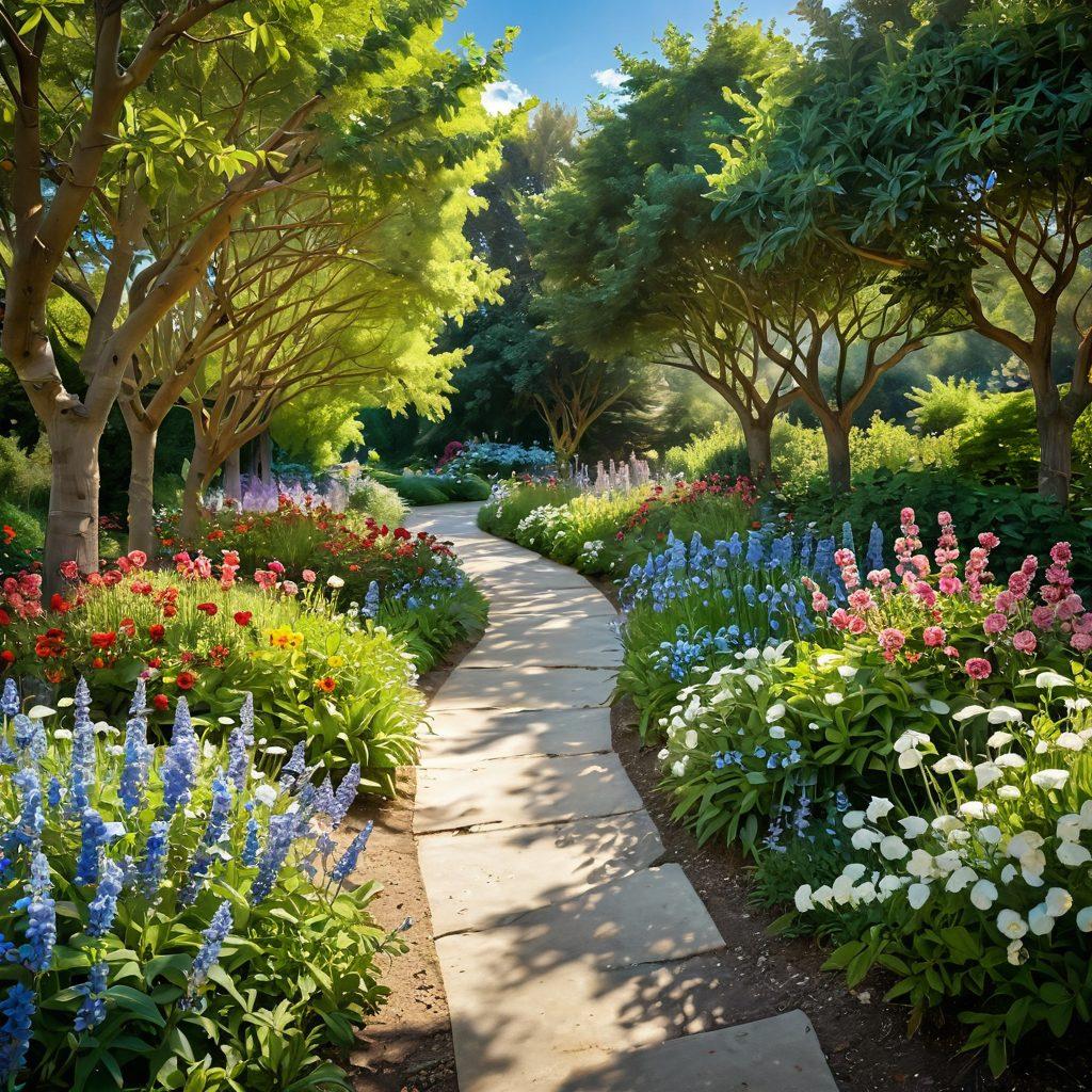 A serene landscape representing hope, featuring a winding path leading through a lush garden with blooming flowers, symbolizing healing and strength. There are people of diverse backgrounds exchanging supportive gestures, such as hugs and laughter, under a gentle blue sky. An uplifting atmosphere with sunlight filtering through the trees, conveying warmth and encouragement. super-realistic. vibrant colors. soft focus.