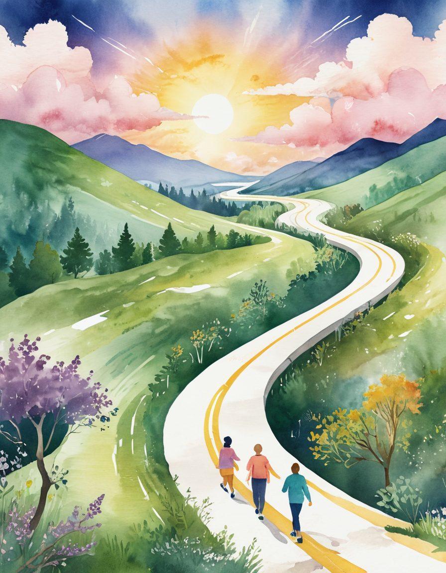 An inspiring journey illustration depicting a winding road symbolizing the path from diagnosis to survival, with milestones marked by icons representing various treatment options like chemotherapy, therapy sessions, and support groups. Soft sunlight breaking through clouds in the background, showcasing hope and resilience. Include diverse people walking together, sharing support. watercolor style. vibrant colors.