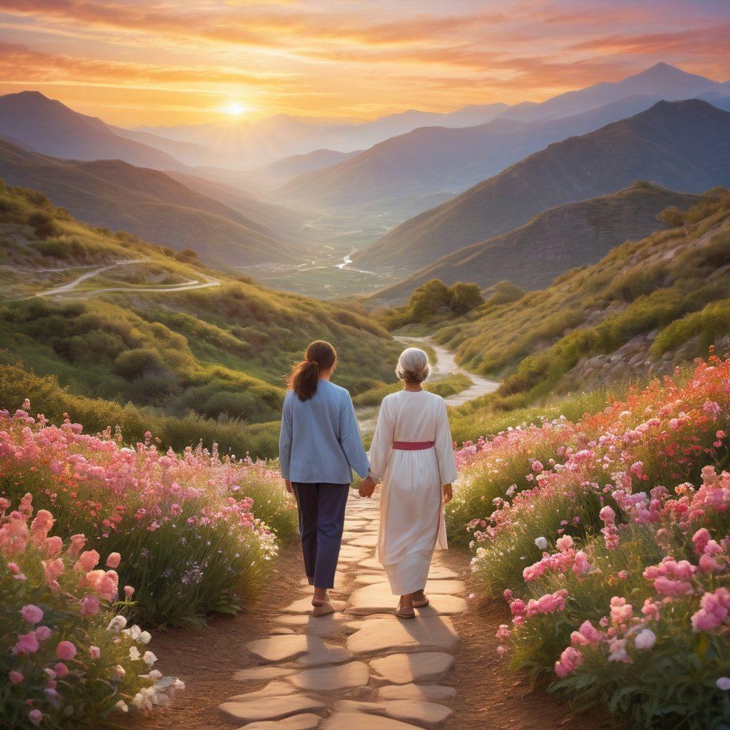 A serene landscape depicting a patient and a survivor walking hand-in-hand along a winding path bordered by blooming flowers, symbolizing hope and support. In the background, a gentle sunrise casts warm hues over mountains, representing new beginnings. Include symbols of awareness like ribbons subtly integrated into the design. soft focus. vibrant colors. inspirational style.